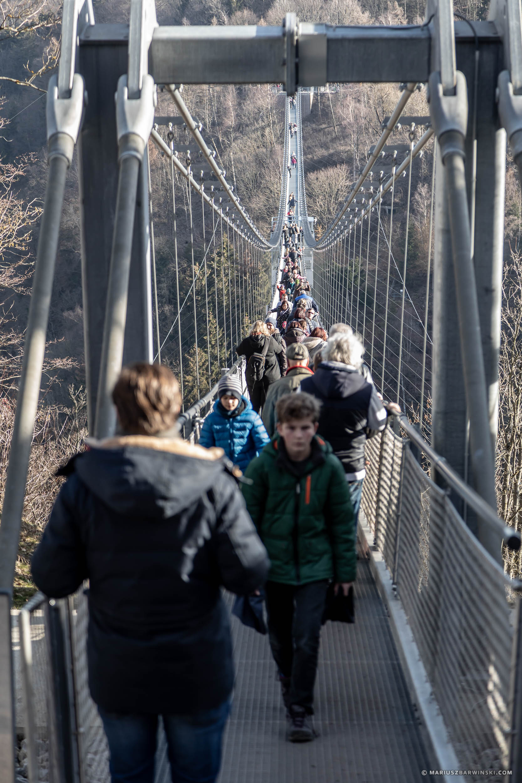Suspension bridge over the Rappbode dam. Harz Mountains. Germany