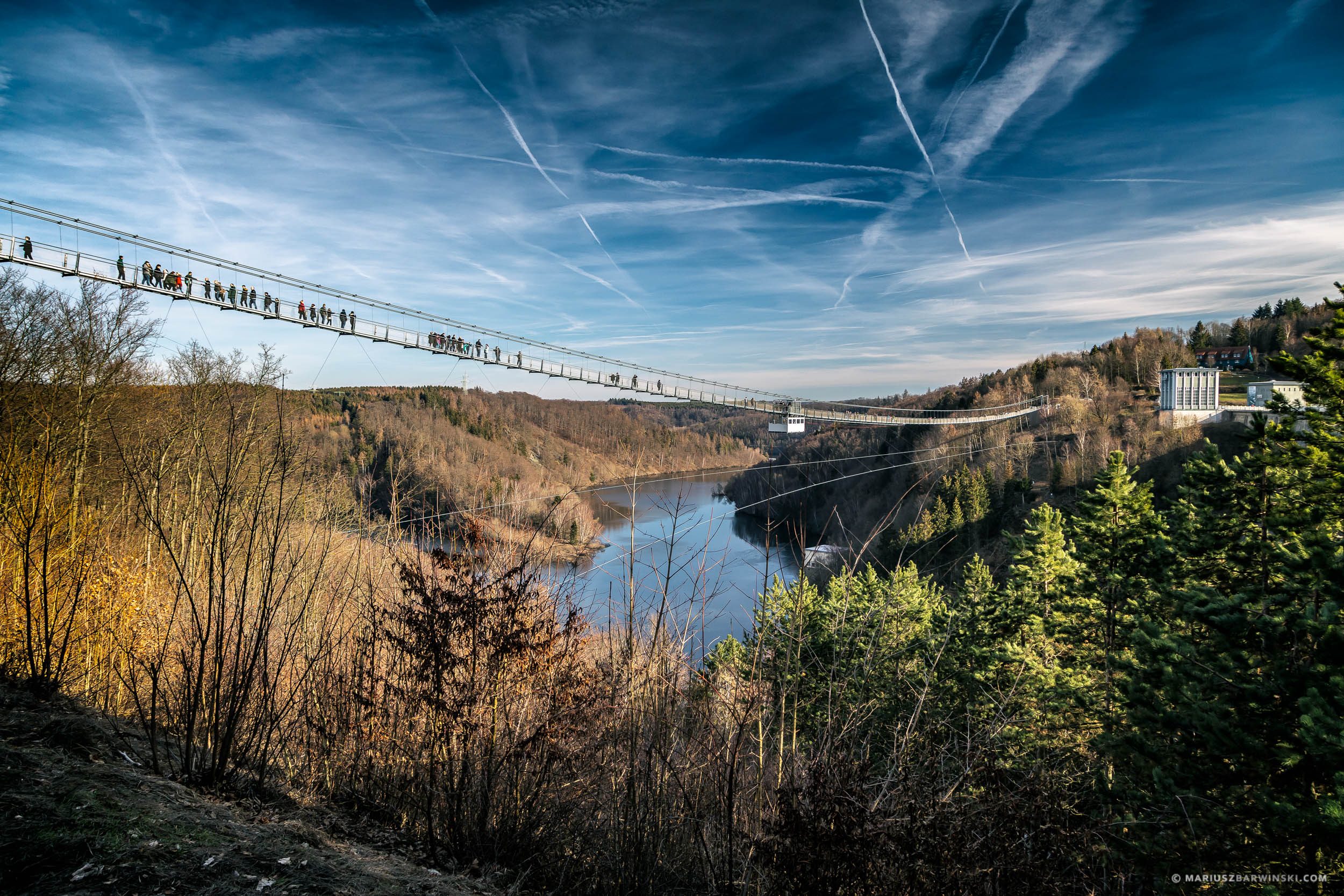 Suspension bridge over the Rappbode dam. Harz Mountains. Germany